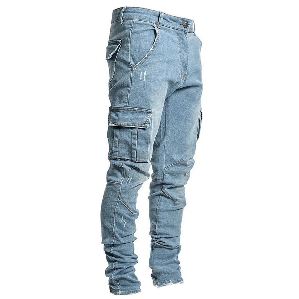 Men's Street Elastic Jeans Denim Cargo Pants Wash Solid Colour Multi Pockets Casual Mid Waist Trousers Slim Fit Daily Wear Joggers The Clothing Company Sydney