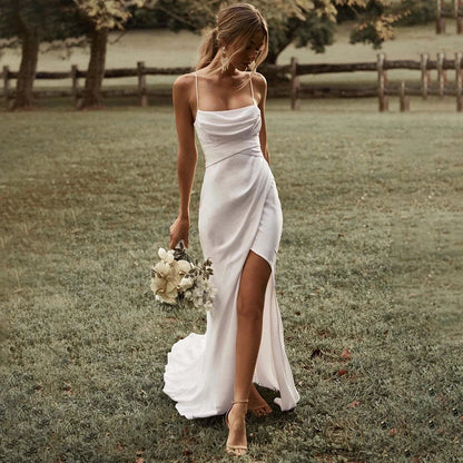 Customized Simple Mermaid White Spaghetti Straps High Slit Satin Backless Plain Bridal Gown Sweep Train Wedding Dress The Clothing Company Sydney