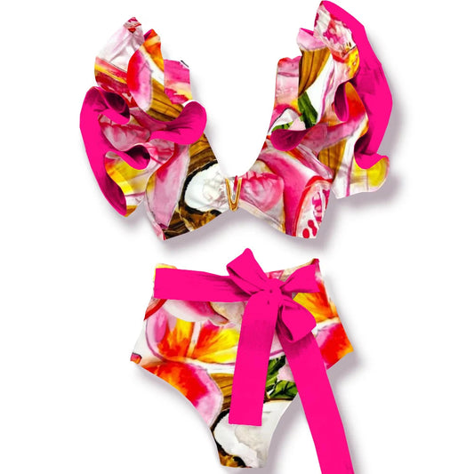 V-Neck High Waist Bikini Sets Shoulder Ruffled Printed Swimsuit Two Piece Swimwear Bathing Suits The Clothing Company Sydney