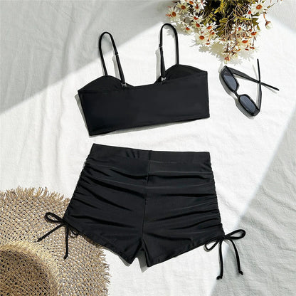 Wrinkled Knotted Shorts High Waist Bikini Swimsuit Women Swimwear Two-piece Bikini set Bather Bathing Suit
