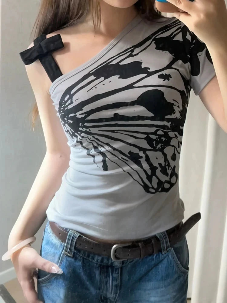 Off shoulder Summer T shirt Womens Aesthetic Print Short sleeve Body Tops Female Tees Cotton Front Bow Tied Top The Clothing Company Sydney