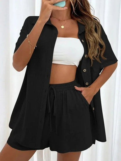Long Sleeve Single breasted Top Broad legged Shorts Set Fashion Ladies Solid Suits Summer 2 Piece Matching Outfits For Women The Clothing Company Sydney