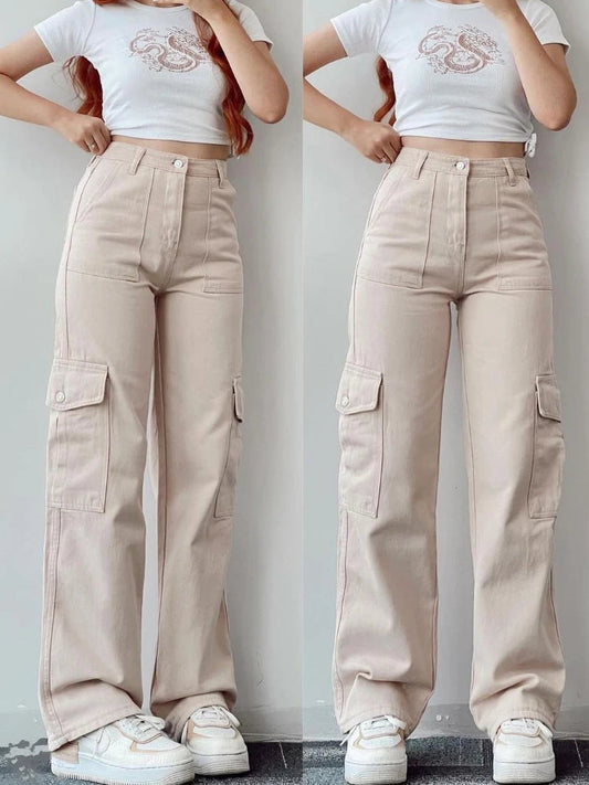 Y2K Women Vintage Cargo Pants Streetwear Parachute Pants Beige Sweatpants Wide Leg Joggers Trousers The Clothing Company Sydney