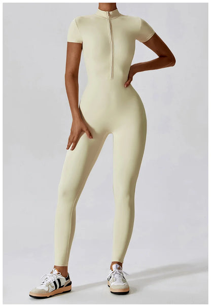 Yoga Jumpsuit Women Zipper Short Sleeve one piece Gym suit Fitness Set Workout Romper Elastic Sportswear - The Clothing Company Sydney