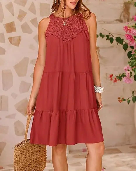 Hollow Lace Patchwork Halter Neck Women A Line Dress Summer Casual Solid Color Loose Beach Holiday Sundress - The Clothing Company Sydney