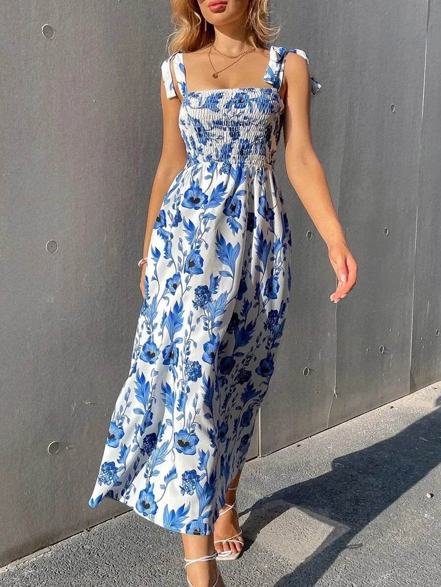 Floral Long Dress Women's Backless Sleeveless Bandage Beach Sundress Casual Green Summer Ladies Dresses - The Clothing Company Sydney