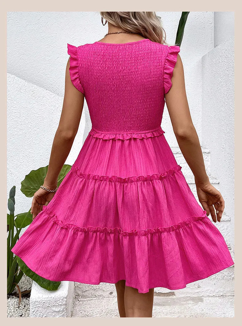 Summer Midi Dresses Casual Red Ruffle Big Hem Holiday Beach Dress Fashion Sleevelee V Neck Dresses - The Clothing Company Sydney