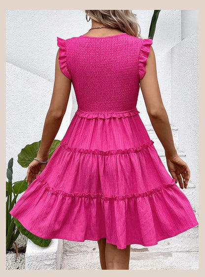 Summer Midi Dresses Casual Red Ruffle Big Hem Holiday Beach Dress Fashion Sleevelee V Neck Dresses - The Clothing Company Sydney