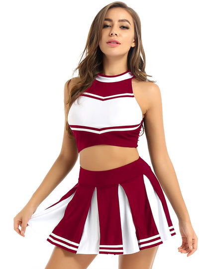 Women's Cheerleading Costume Uniform Carnival Cosplay Outfit Stand Collar Sleeveless Crop Top with Mini Pleated Skirt - The Clothing Company Sydney