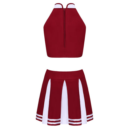 Women's Cheerleading Costume Uniform Carnival Cosplay Outfit Stand Collar Sleeveless Crop Top with Mini Pleated Skirt - The Clothing Company Sydney