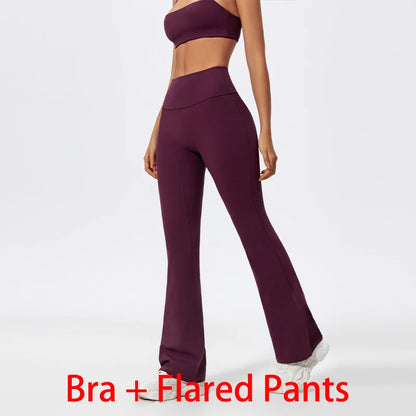 Women Two Piece Gym Workout Bra Yoga Set Shorts Fitness Wear Quick-Dry Sports Bra Flared Pants Suits - The Clothing Company Sydney