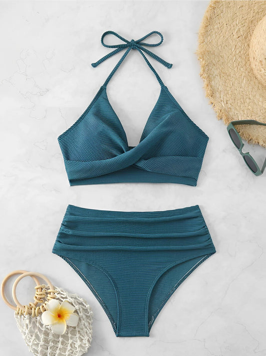 2 Piece High Waist Bikini Women Halter Swimwear Swimsuit Solid Bathers Swimming Bathing Swim Suit Summer Beachwear The Clothing Company Sydney