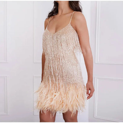 Tassel Sequins Feather Mini Dress Women's Spaghetti Strap Stitching Elegant Evening Party Club Dress - The Clothing Company Sydney