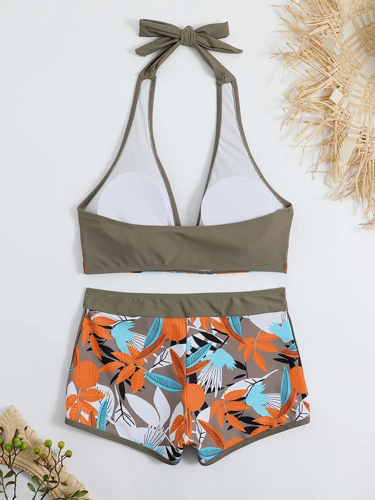 2 Piece Halter Bikini Set Shorts Swimsuit High Waist Swimwear Female Printed Bathers Swimming Bathing Swim Suit Beachwear - The Clothing Company Sydney