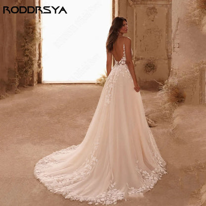 Spaghetti Straps Glitter V-Neck Applique Backless Boho Sweep Train Customized Wedding Dress The Clothing Company Sydney