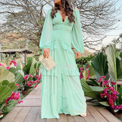 Women V-neck Lantern Long Sleeves Maxi Dress Elegant Patchwork Ruffles Hollow Lace Slim  Summer Dress - The Clothing Company Sydney