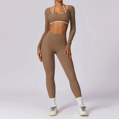 2 Piece Womens Tracksuit Yoga Set Workout Sportswear Gym Clothing Fitness Long Sleeve Crop Top High Waist Leggings Sports Suits - The Clothing Company Sydney