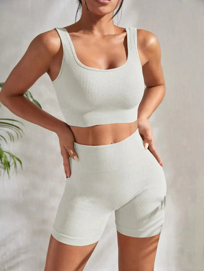 Seamless Ribbed Yoga Sets Workout Sets for Women 2 Pieces Gym Suits Ribbed Crop Tank High Waist Shorts Outfits Fitness Running The Clothing Company Sydney