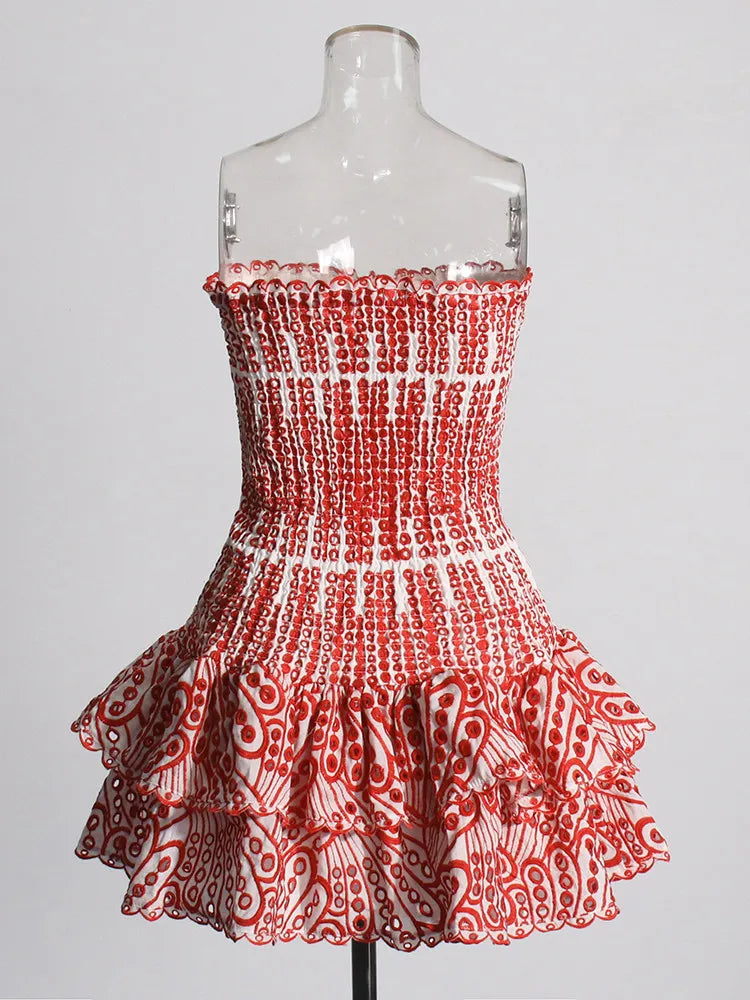 Colourblock Embroidery Women's Strapless Sleeveless High Waist Patchwork Folds Slimming Dresses - The Clothing Company Sydney