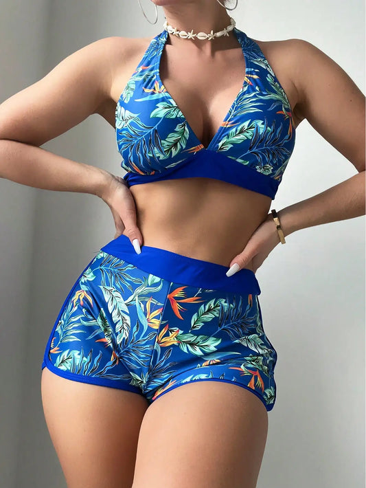 2 Piece Halter Bikini Set Shorts Swimsuit High Waist Swimwear Female Printed Bathers Swimming Bathing Swim Suit Beachwear - The Clothing Company Sydney