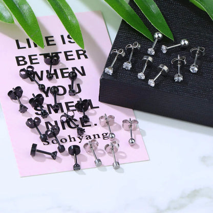 3-8mm Small Black Silver Colour Earrings Stone CZ Crystal Ear Studs Surgical Steel Cubic Unisex Accessories - The Clothing Company Sydney