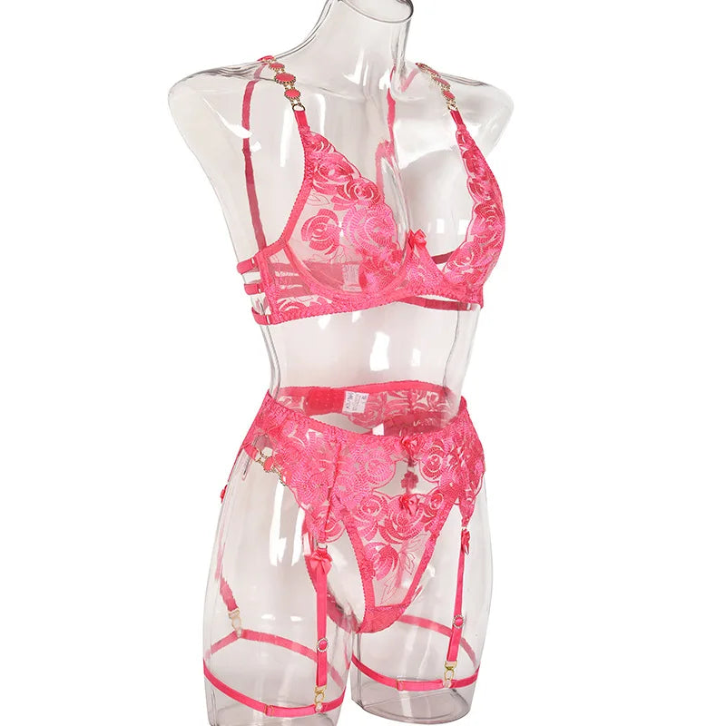 3 Piece Lingerie Luxury Jewel Shoulder Strap Underwear Garter Lace IntimateLingerie Set - The Clothing Company Sydney