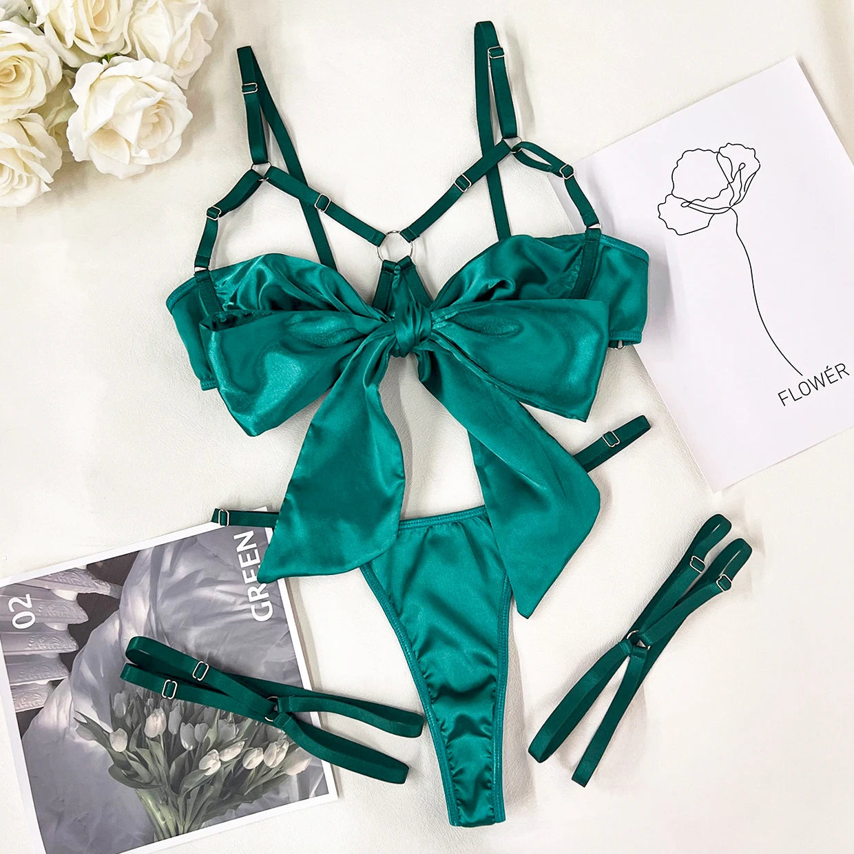 Bowknot Lingerie Open Bra Lace Up Underwear 3-Piece Satin Outfit Set The Clothing Company Sydney