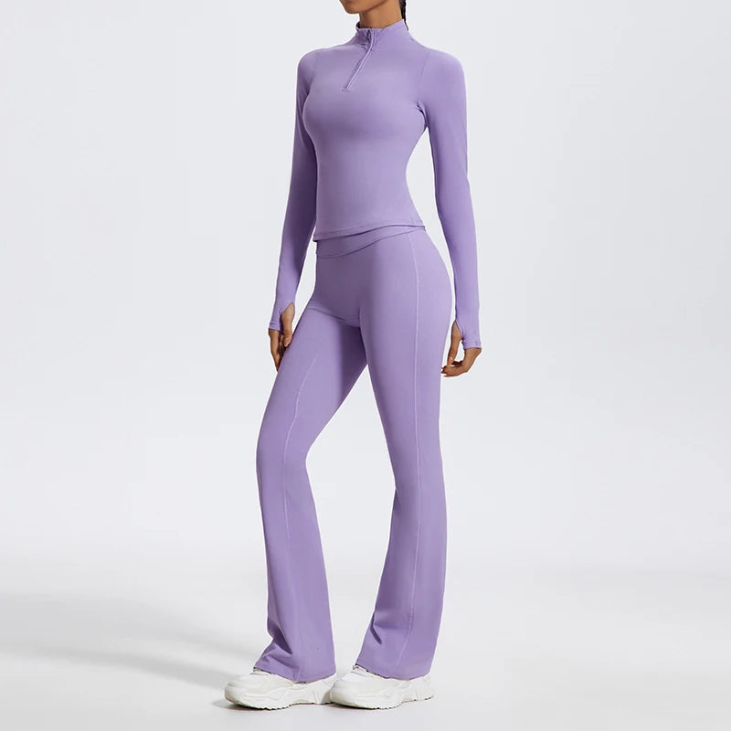 2 Piece Sports Suit Women Half Zipper Long Sleeves Slim Yoga Set Flared Activewear Gym Workout Sportswear The Clothing Company Sydney