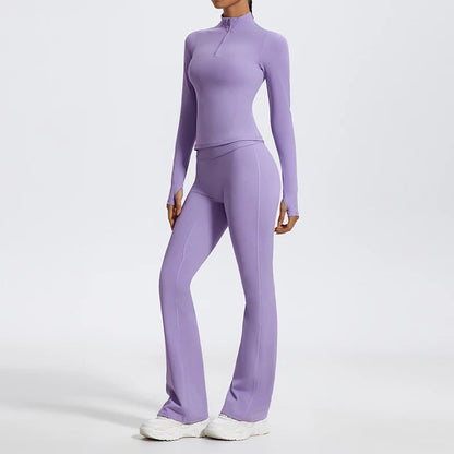 2 Piece Sports Suit Women Half Zipper Long Sleeves Slim Yoga Set Flared Activewear Gym Workout Sportswear The Clothing Company Sydney