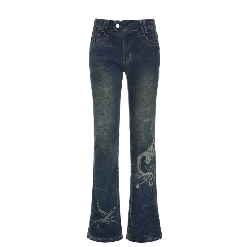 Y2K Grunge Chic Skinny Low Rise Flared Jeans Women's Vintage Aesthetic Heart Printed Denim Trousers Boot Cut Pants The Clothing Company Sydney