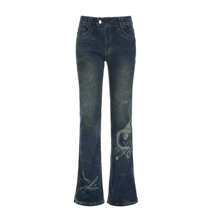 Y2K Grunge Chic Skinny Low Rise Flared Jeans Women's Vintage Aesthetic Heart Printed Denim Trousers Boot Cut Pants The Clothing Company Sydney
