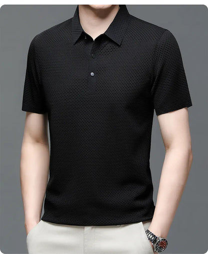 Summer Men's Lop-up Hollow Short-sleeved Polo Shirt Ice Silk Breathable Business Fashion T-Shirt Male Top The Clothing Company Sydney