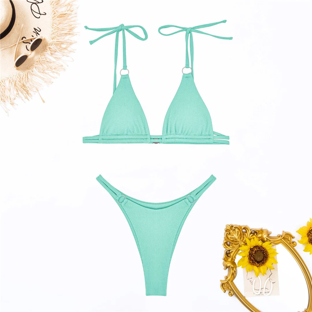 Ribbed High Leg Cut Bikini Swimwear Swimsuit Two-piece Bikini set Bather Bathing Suit - The Clothing Company Sydney