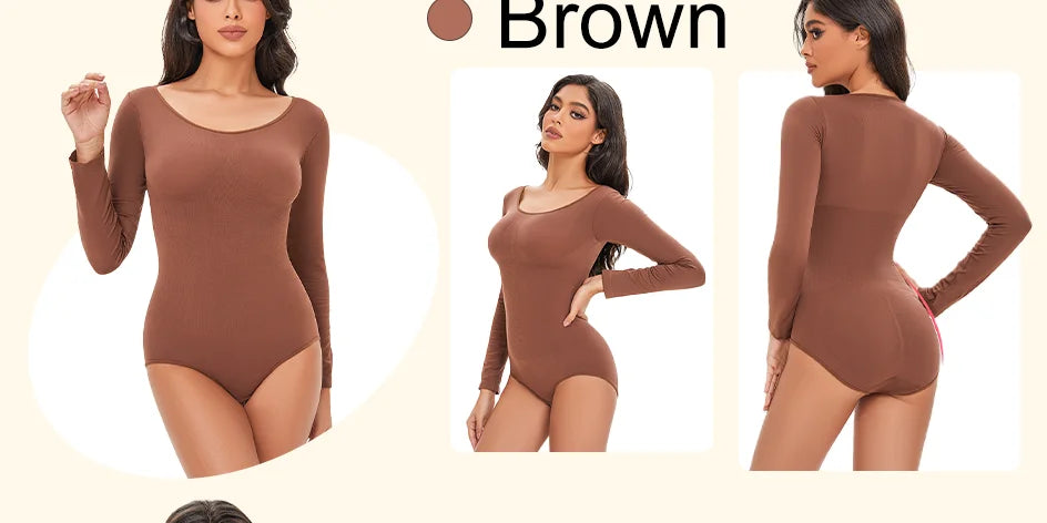 Spandex Elastic Body Suit Shapewear Women Body Shaper Long Sleeve Round Neck Seamless Shapers
