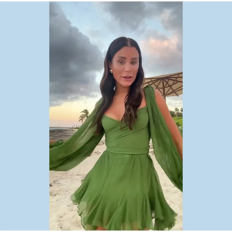Green Pleated Mini Elegant V-neck Split Long Sleeve A-line Summer Lady Solid Backless Lace Up Dress - The Clothing Company Sydney