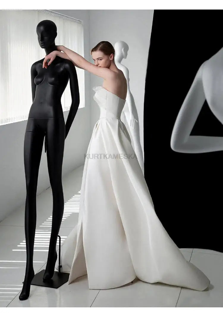 Luxury White Satin Trailing Wedding Dresses Women Elegant Strapless Long Prom Party Bridal Dress - The Clothing Company Sydney