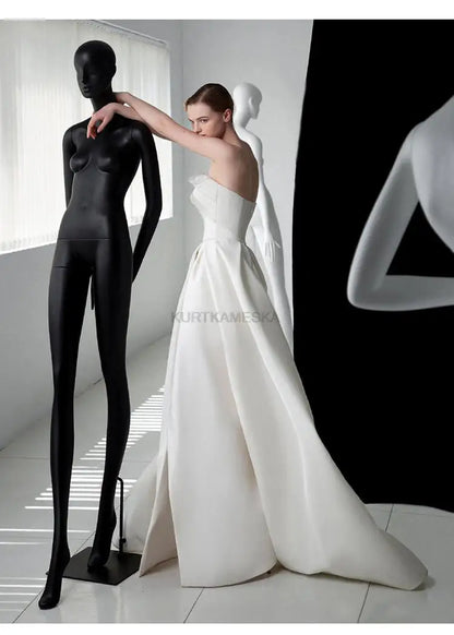 Luxury White Satin Trailing Wedding Dresses Women Elegant Strapless Long Prom Party Bridal Dress - The Clothing Company Sydney