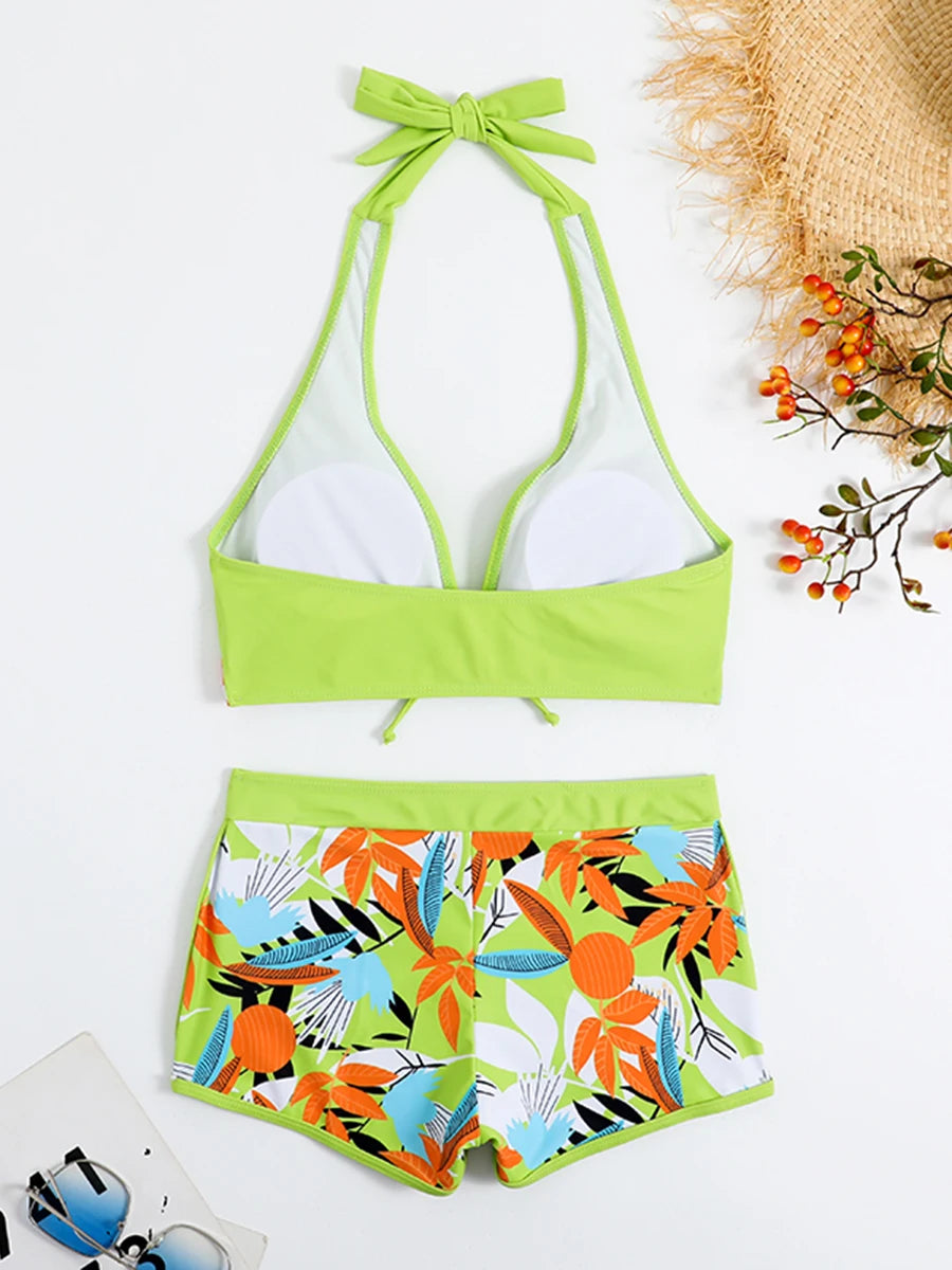 2 Piece Halter Bikini Set Shorts Swimsuit High Waist Swimwear Female Printed Bathers Swimming Bathing Swim Suit Beachwear - The Clothing Company Sydney
