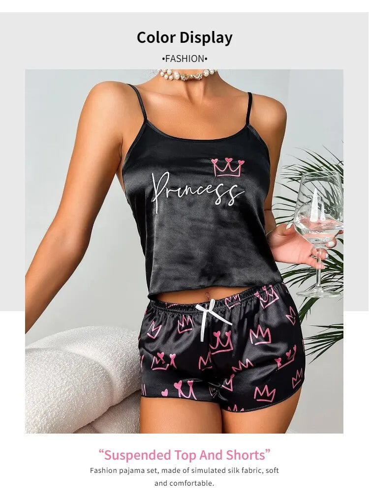 Women's Sexy Lingerie Satin Sleepwear Silk Cami Shorts Set Soft Sleep Pjs 2 Piece Nightwear Print Pajamas Homewear Pyjamas The Clothing Company Sydney