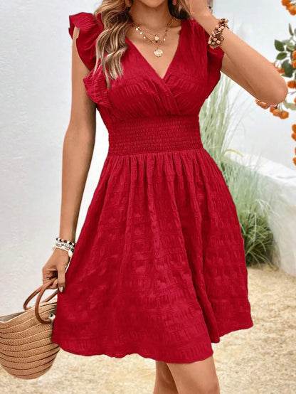 Elegant Short Summer Casual Slim Red Sleeveless Holiday Beach Dress Fashion V Neck A-line Dresses - The Clothing Company Sydney