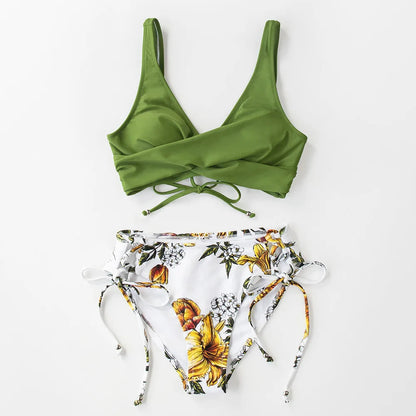2 Piece Swimwear Cross Pleated Backless Lace Up Bikini Two Piece Bathing Suit Vintage Printing Bikini Set The Clothing Company Sydney