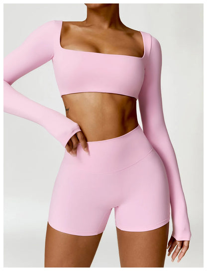 2 Piece Long Sleeve Gym Set Women Yoga Clothes Quick-Drying Sportswear Running Leggings Workout Sports Crop Top Shorts - The Clothing Company Sydney