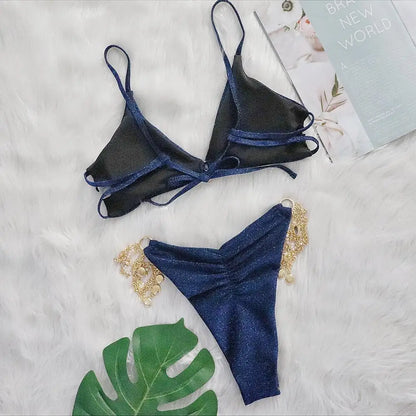 Rhinestone Two 2 Piece Swimsuit Crystal Thong String Bikini Set Women Swimwear Beach Wear Bathing Suit - The Clothing Company Sydney