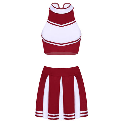 Women's Cheerleading Costume Uniform Carnival Cosplay Outfit Stand Collar Sleeveless Crop Top with Mini Pleated Skirt - The Clothing Company Sydney