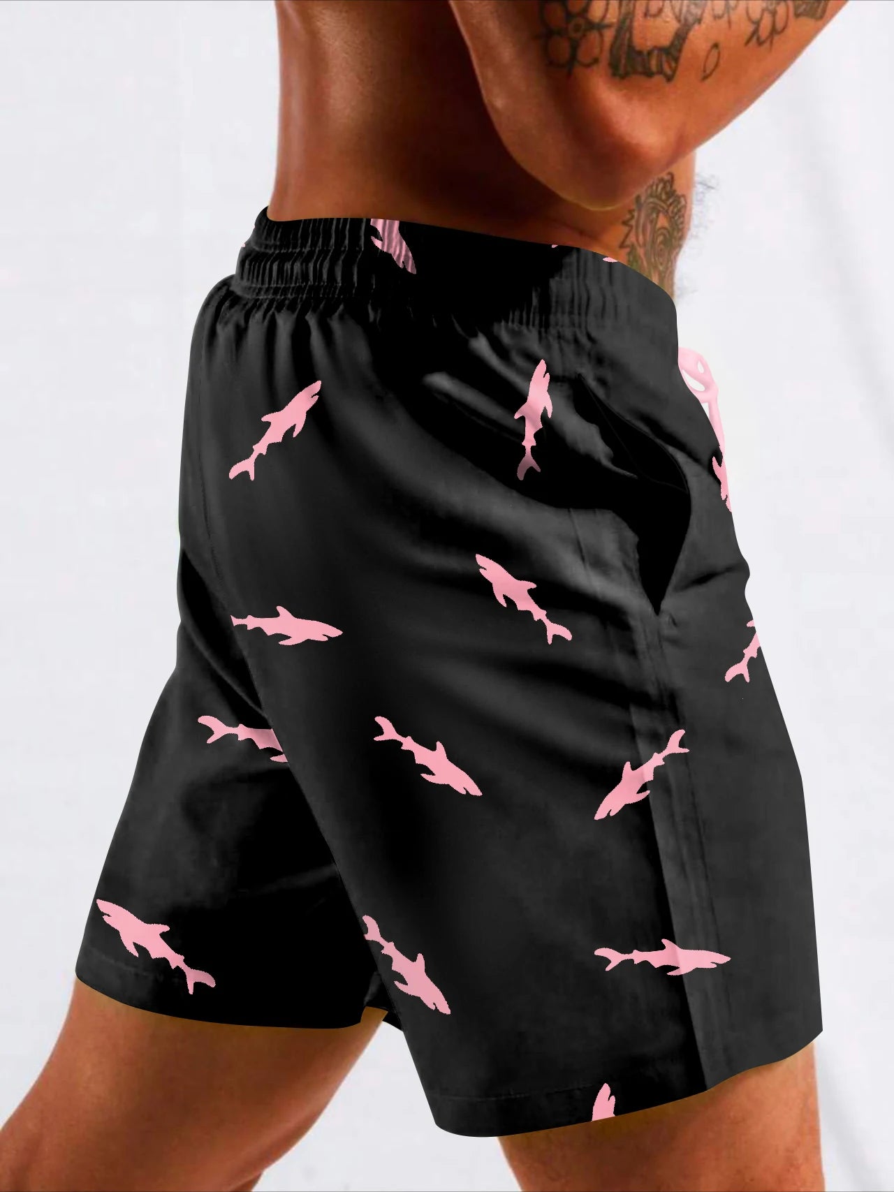 Men's Sharks Print Drawstring Shorts with Pockets Casual Double Layer Summer Beach Swim Trunks Board Shorts
