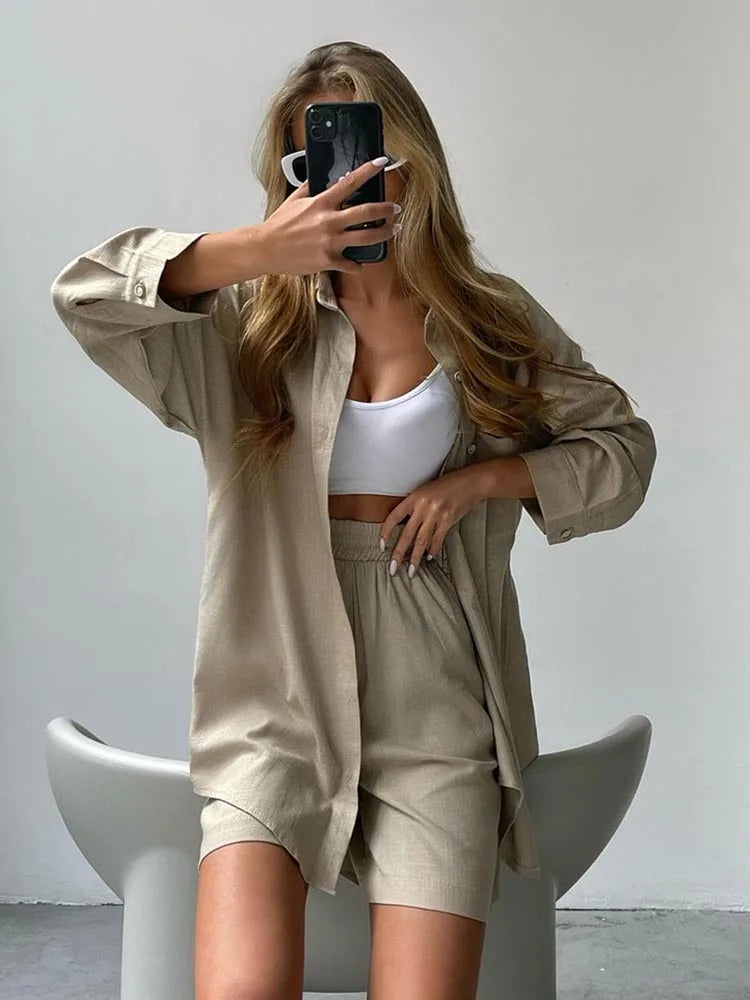 Summer Women's Suit Cotton Casual Shorts and Shirts 2 Piece  Matching Outfit Set Linen Fashion Blouse Women's Suit - The Clothing Company Sydney
