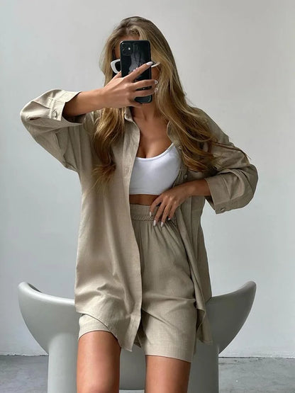 Summer Women's Suit Cotton Casual Shorts and Shirts 2 Piece  Matching Outfit Set Linen Fashion Blouse Women's Suit - The Clothing Company Sydney