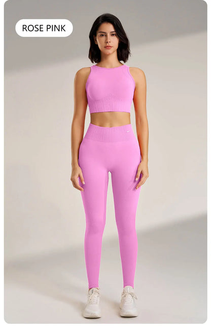 Yoga Matching Outfit Set Women's High Waist Leggings and Top Two Piece Seamless Fitness Exercise Fitness Workout Activewear - The Clothing Company Sydney