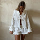 Lace Up Bow Short Sets For Women's Solid V-neck Long Sleeve Blouse Ruffles Shorts Suit Spring Summer Matching Outfit Set - The Clothing Company Sydney