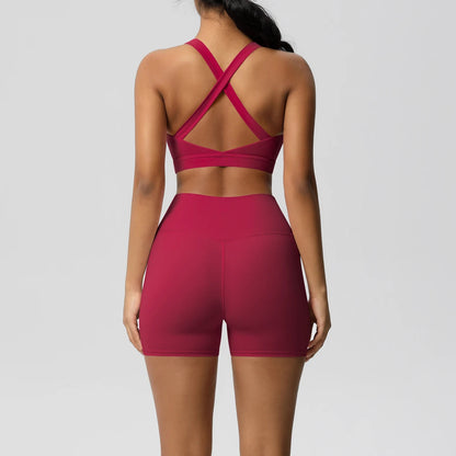 2 Piece Sportswear Pocketed Yoga Set Gym Clothes Yoga Suits Womens Sports Shorts Crossover Bra Gym Leggings Bike Shorts Set The Clothing Company Sydney